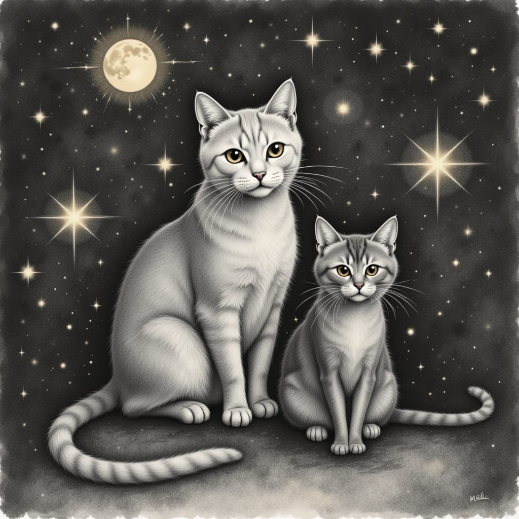 Whimsical Cats Under a Starry Night Sky