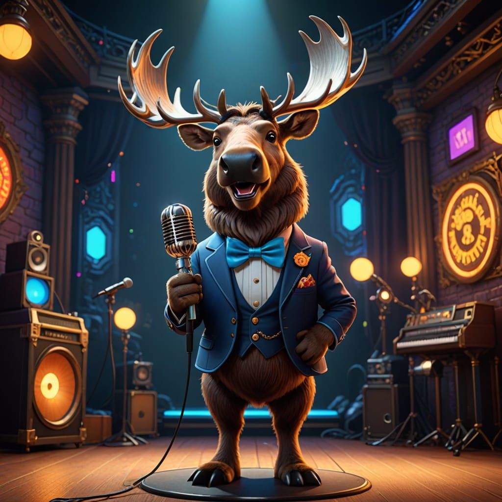 Enchanted Moose Croons into a Vintage Microphone
