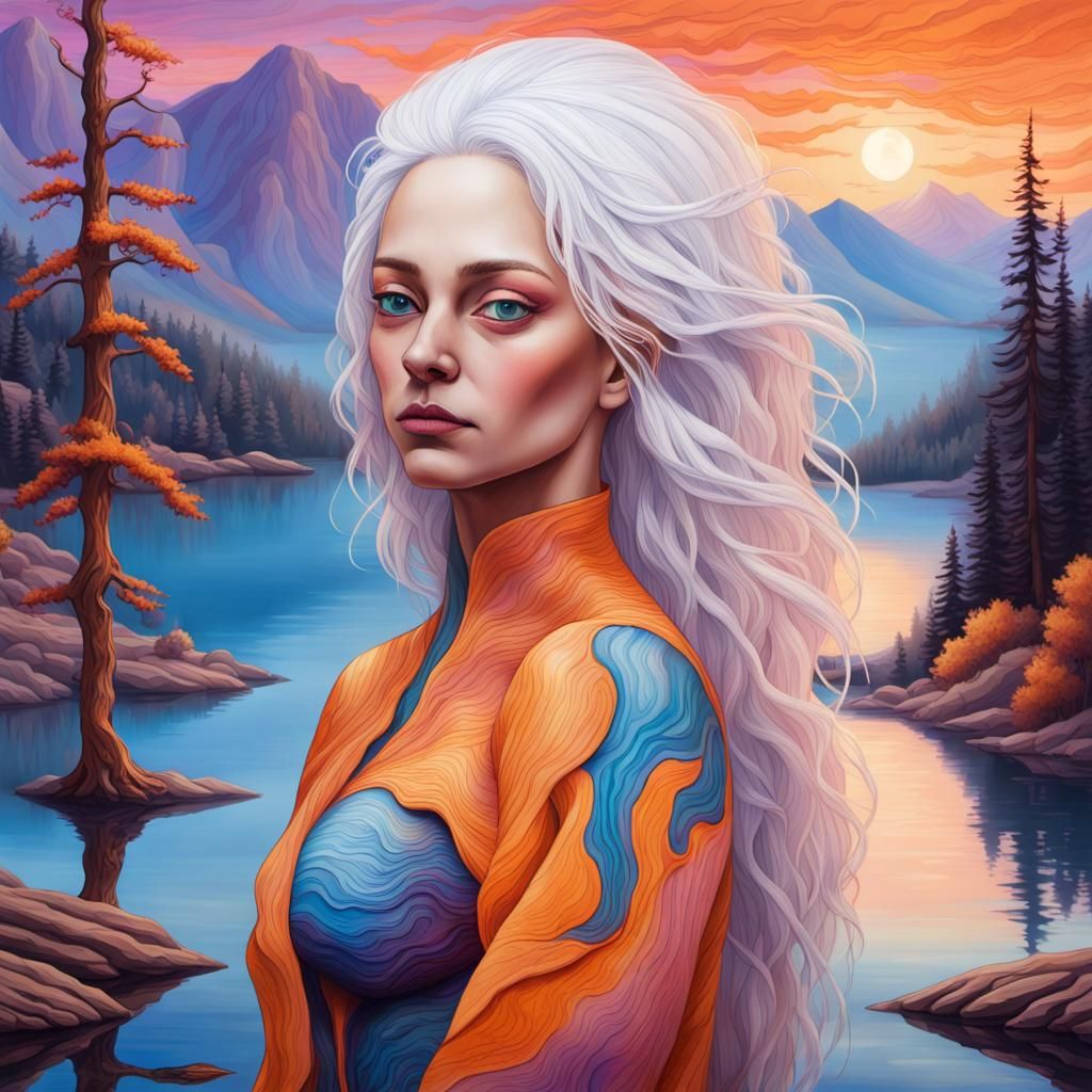 Blue Alien Woman in Mountain Landscape: Pyrography Style