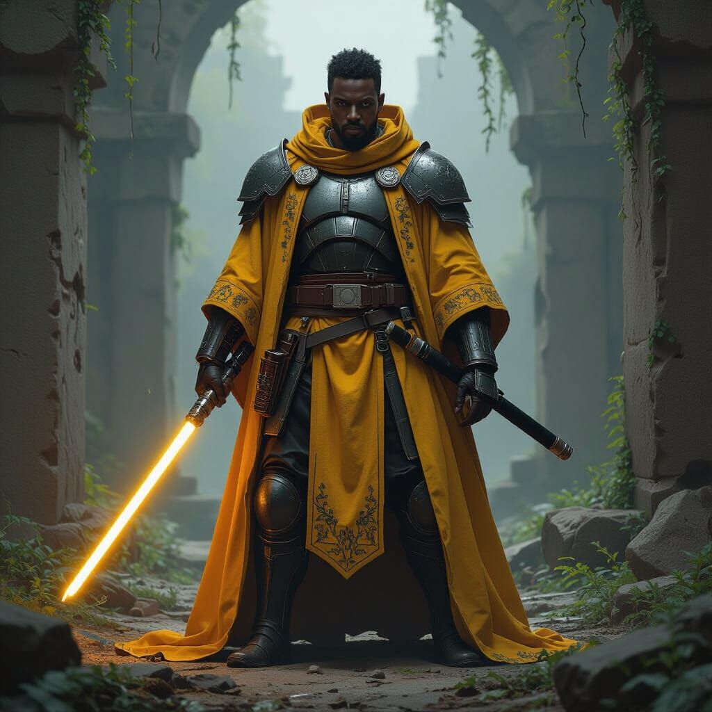 Armored Jedi Knight in Overgrown Temple