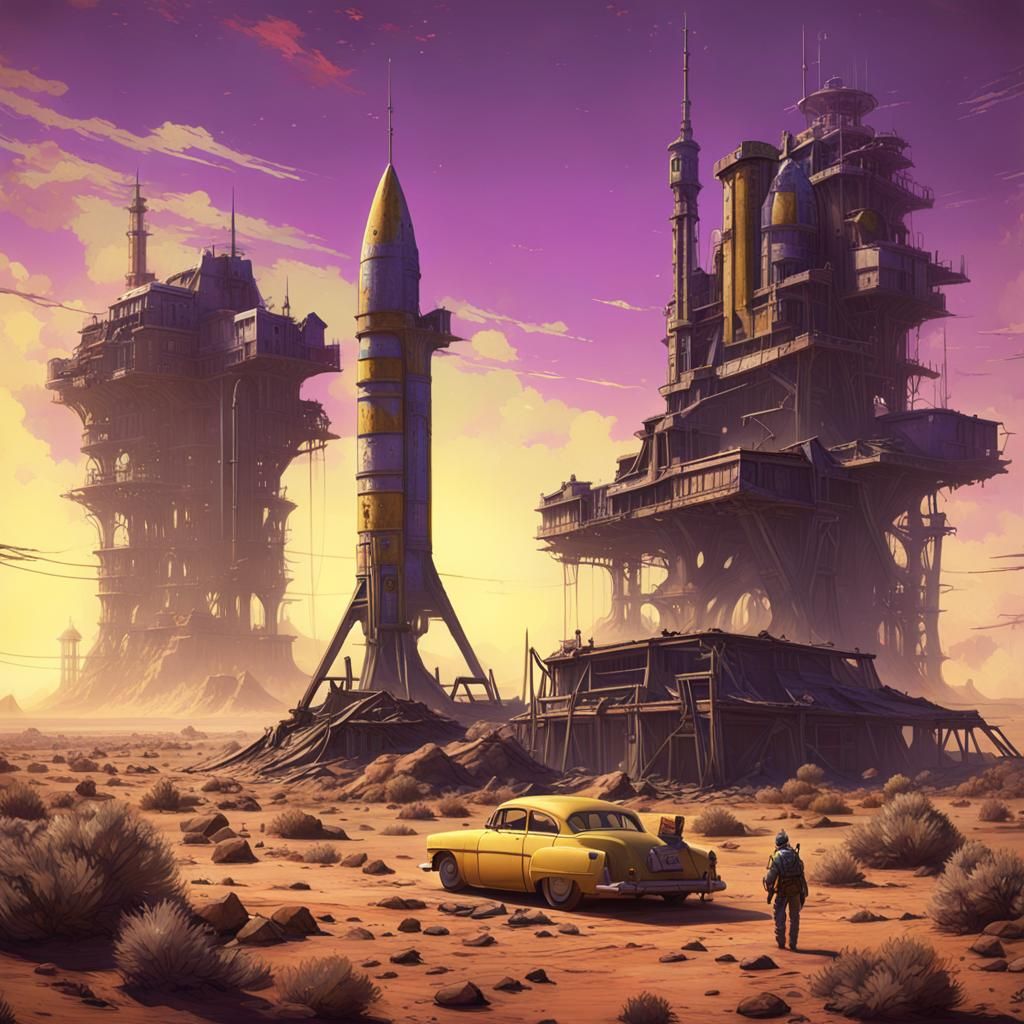 Post-Apocalyptic Desert Wasteland in Retro Rocket Art Style