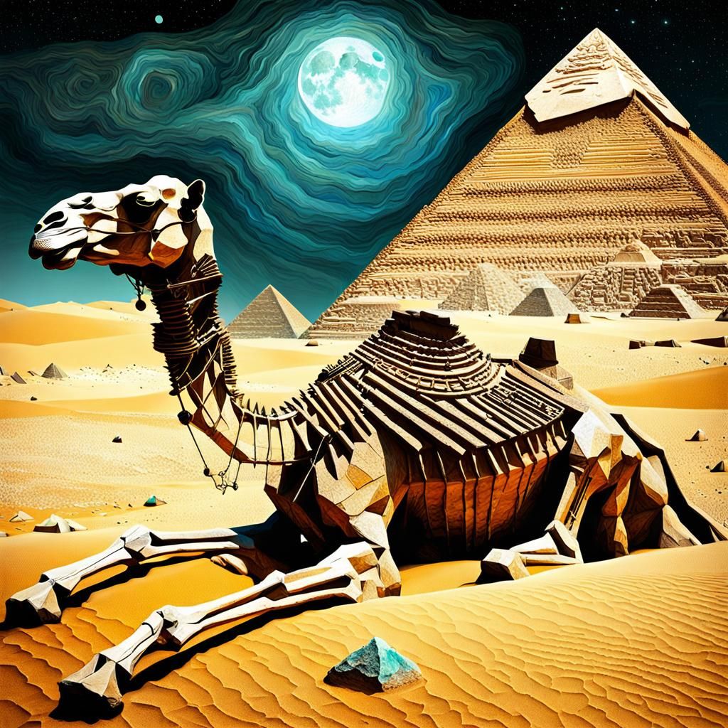 Camel Skeleton in Desert Moonscape: Mixed Media Art