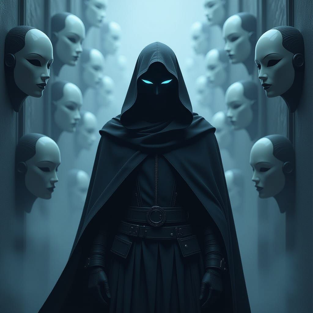 Mysterious Figure in Masks: Dark Noir Sci-Fi Art