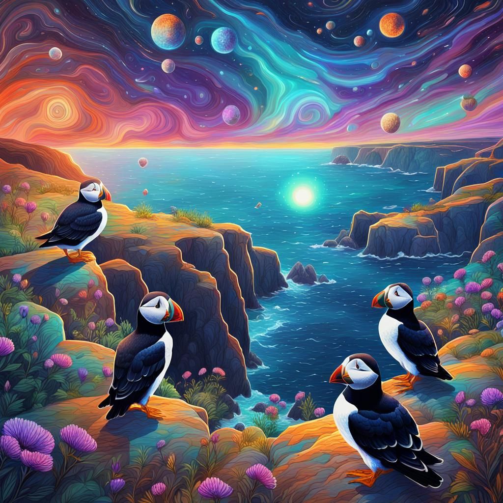 Puffin Birds on Cliff: Cosmic Astral Illustration