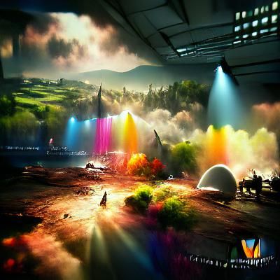 Cosmic Rainbow Wonderland: Volumetric Lighting Concept Art