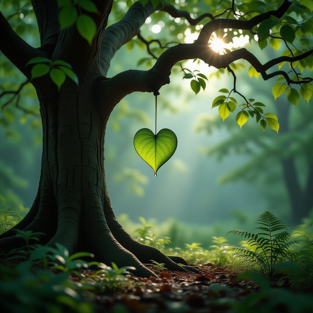 Ancient Tree With Heart-Shaped Leaves and Water Droplet
