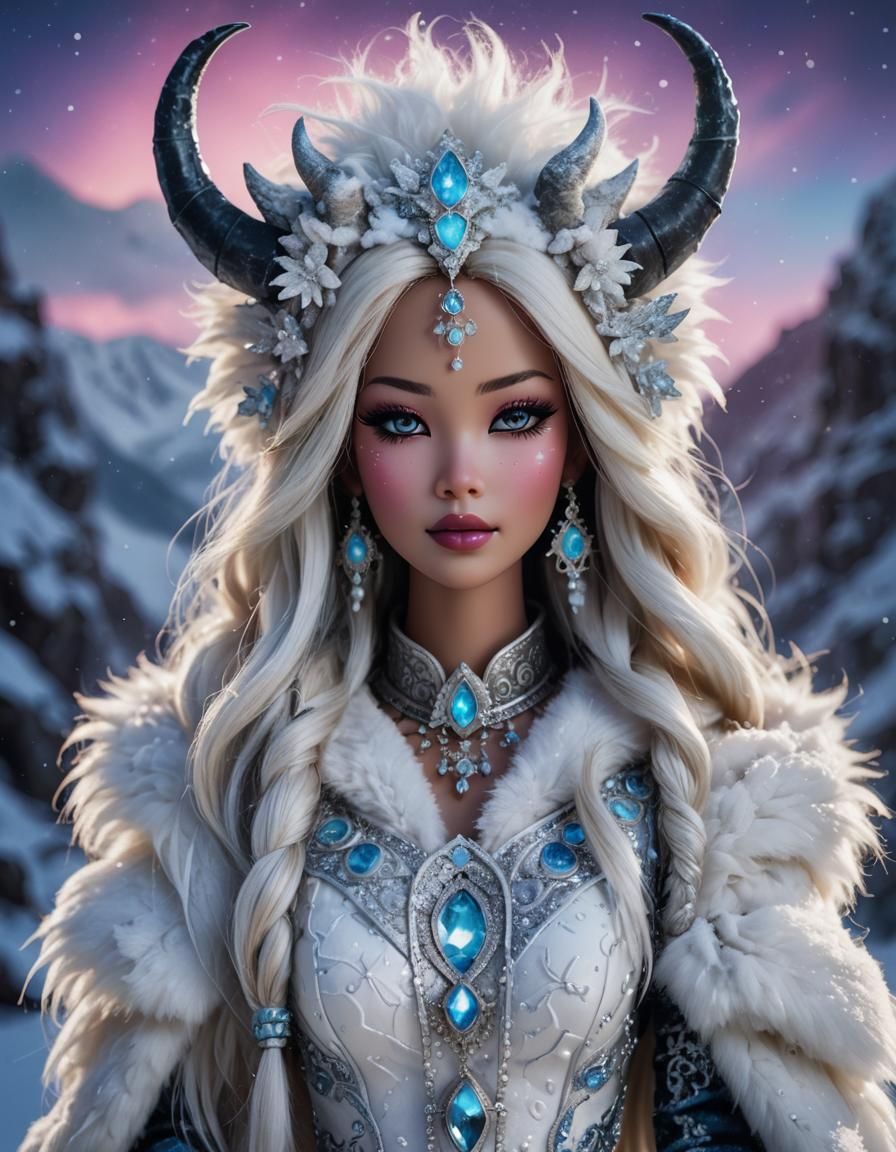 Tibetan Barbie Doll with Demon Horns in Winter Landscape