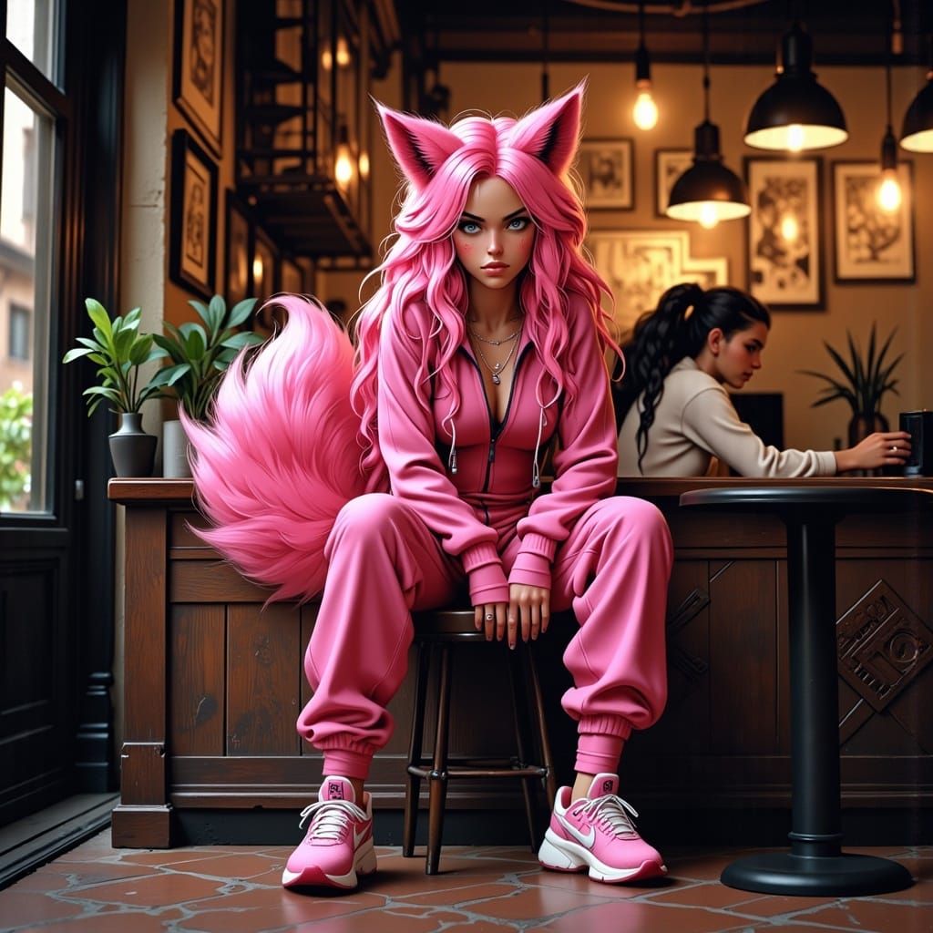 Confident Pink Fox Sits Trendy at Coffee Shop in Fantasy Art...