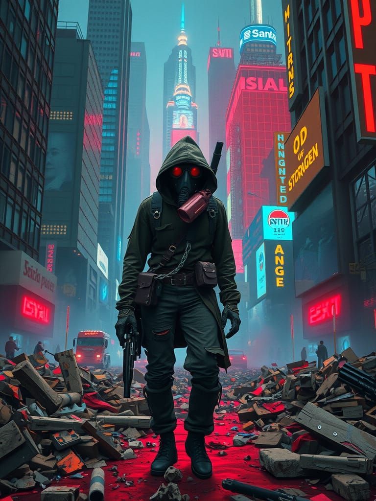 Dystopian Survivor in Cyberpunk Cityscape