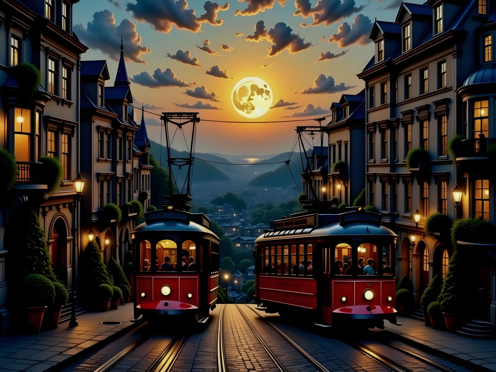 The two red and black  trolly cars pass on the hill