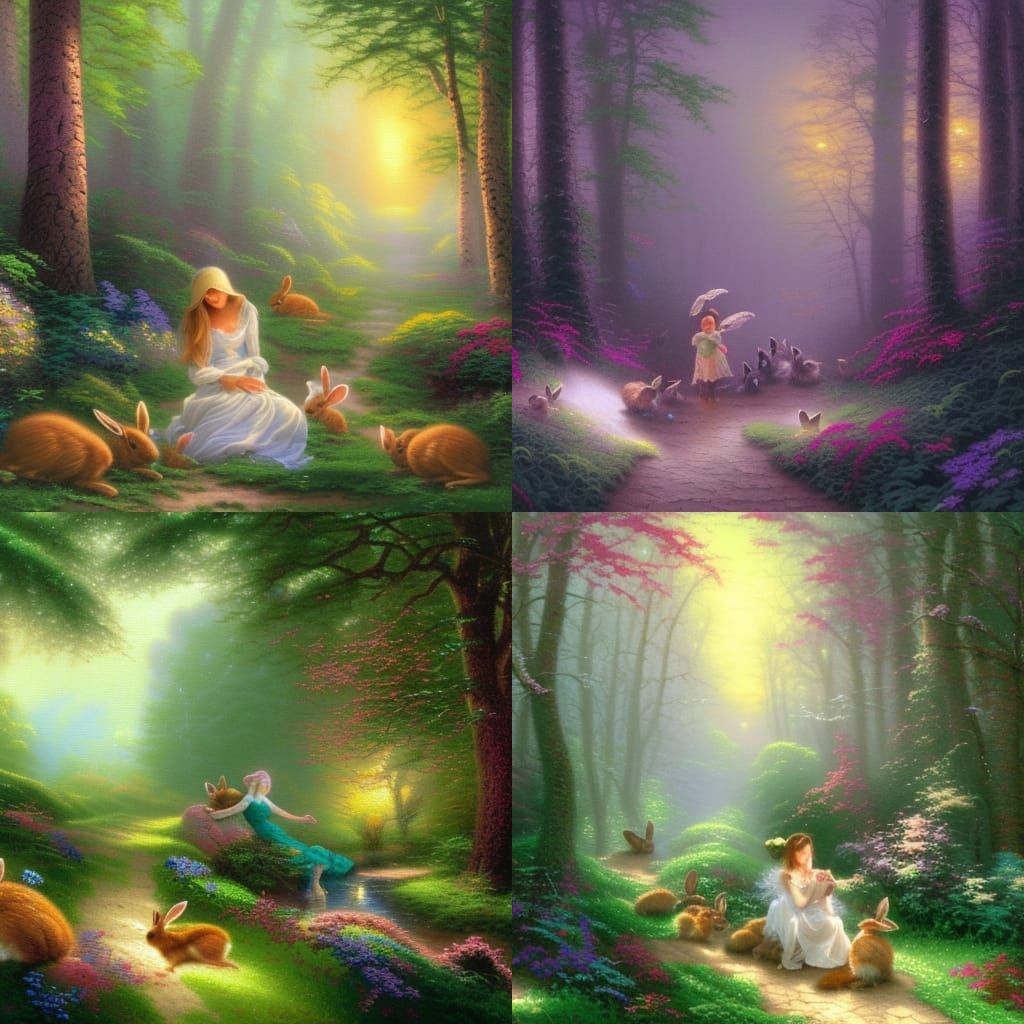 Ethereal Mother and Baby Bunnies in Forest