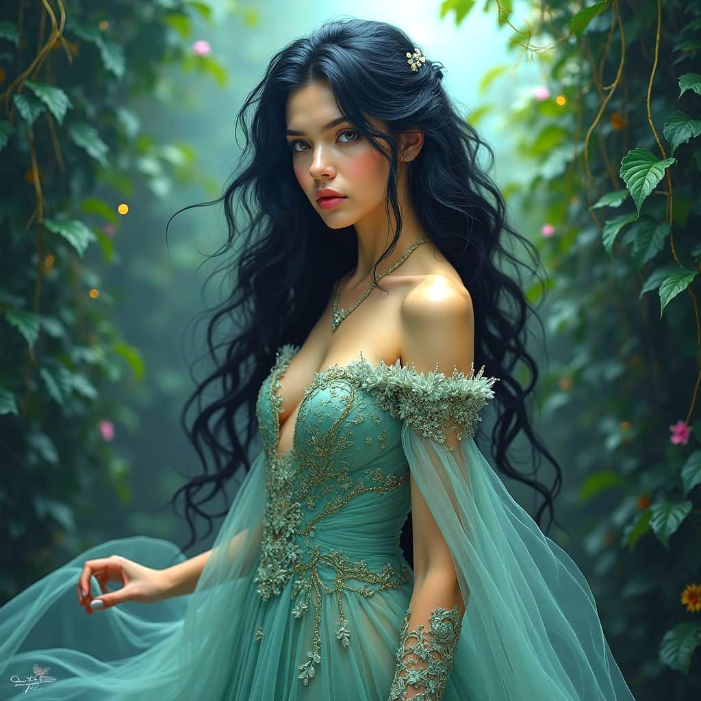 Enchanting Portrait of a Mystical Woman in a Vibrant Oil Pai...