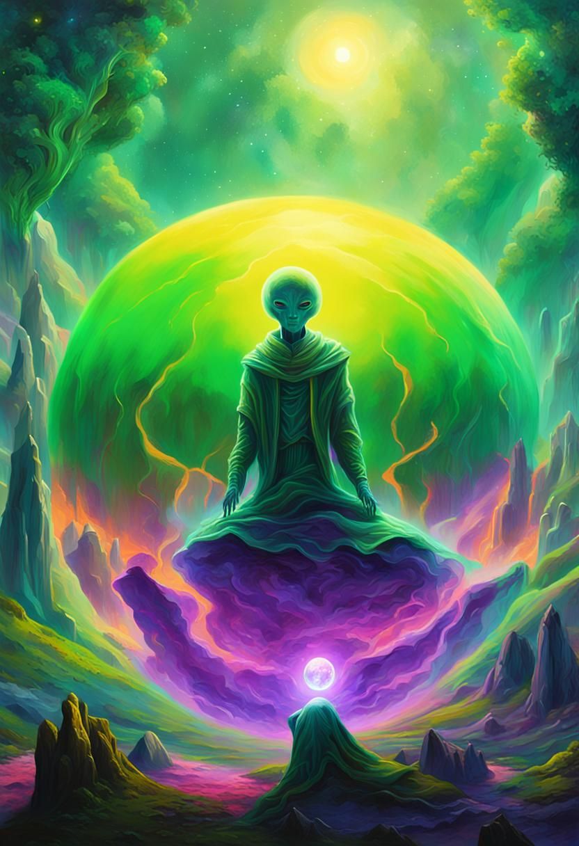 Alien Levitation on Surreal Planet in Oil Painting Style