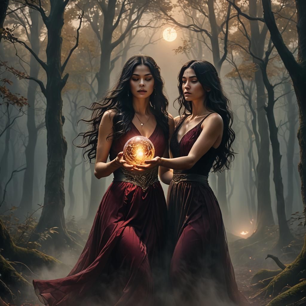 Ethereal Woman Conjuring Energy in Misty Moonlight