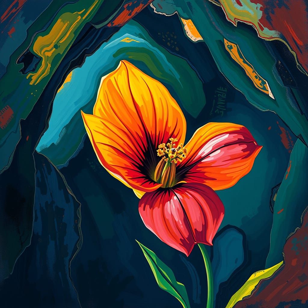 Fauvist Flower Blooms in Cave's Shadows