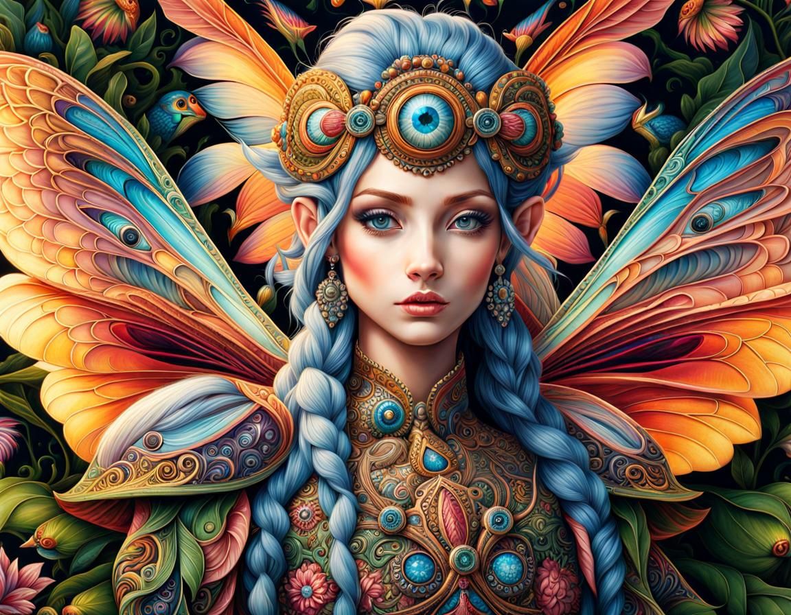 Kaleidoscopic Fairy Portrait with Fantasy Creatures