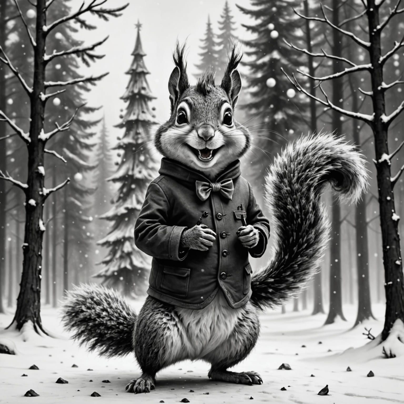 Whimsical Christmas Squirrel in Tim Burton Style