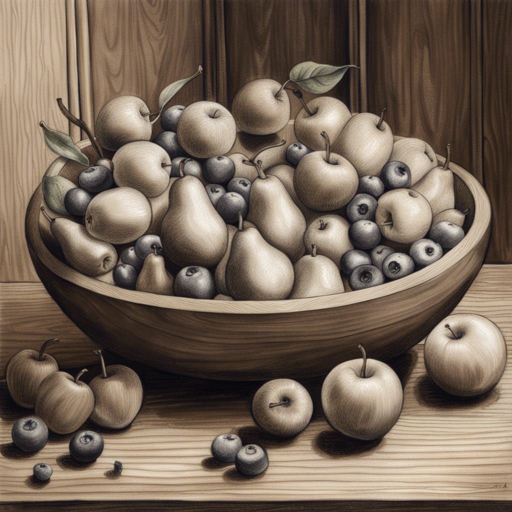 Fruit Still Life: Charcoal Drawing of Bowl with Fruit