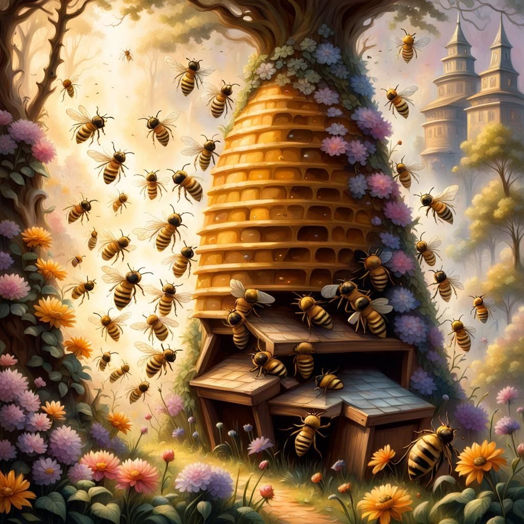 Fantasy Beehive Under Mist, Cute Bees Fighting Monsters