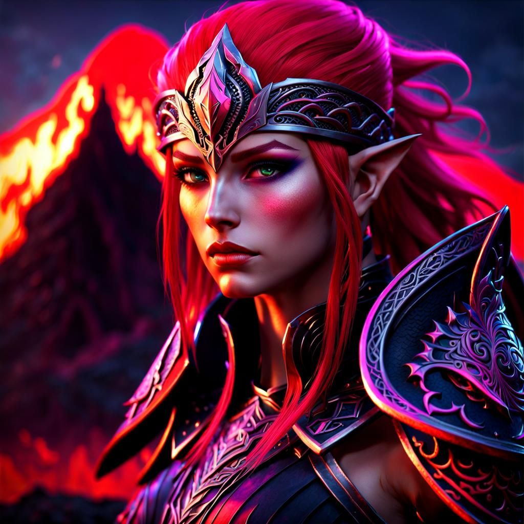 Warrior Elf in Draconian Armor near Volcano