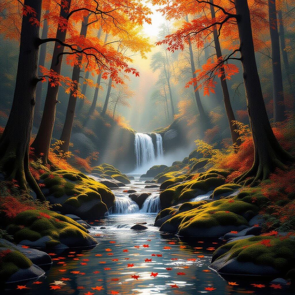 Serene Autumn Forest Waterfall Landscape