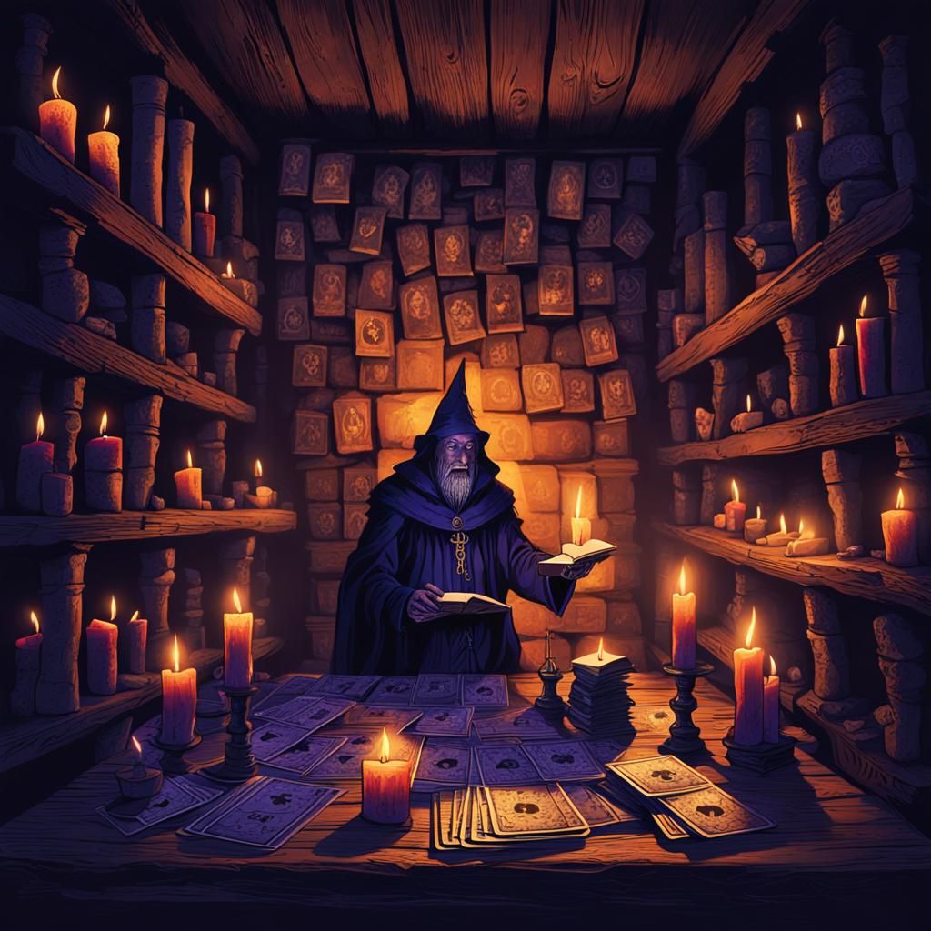 Dark Wizard Reading Tarot Cards in Eerie Tower