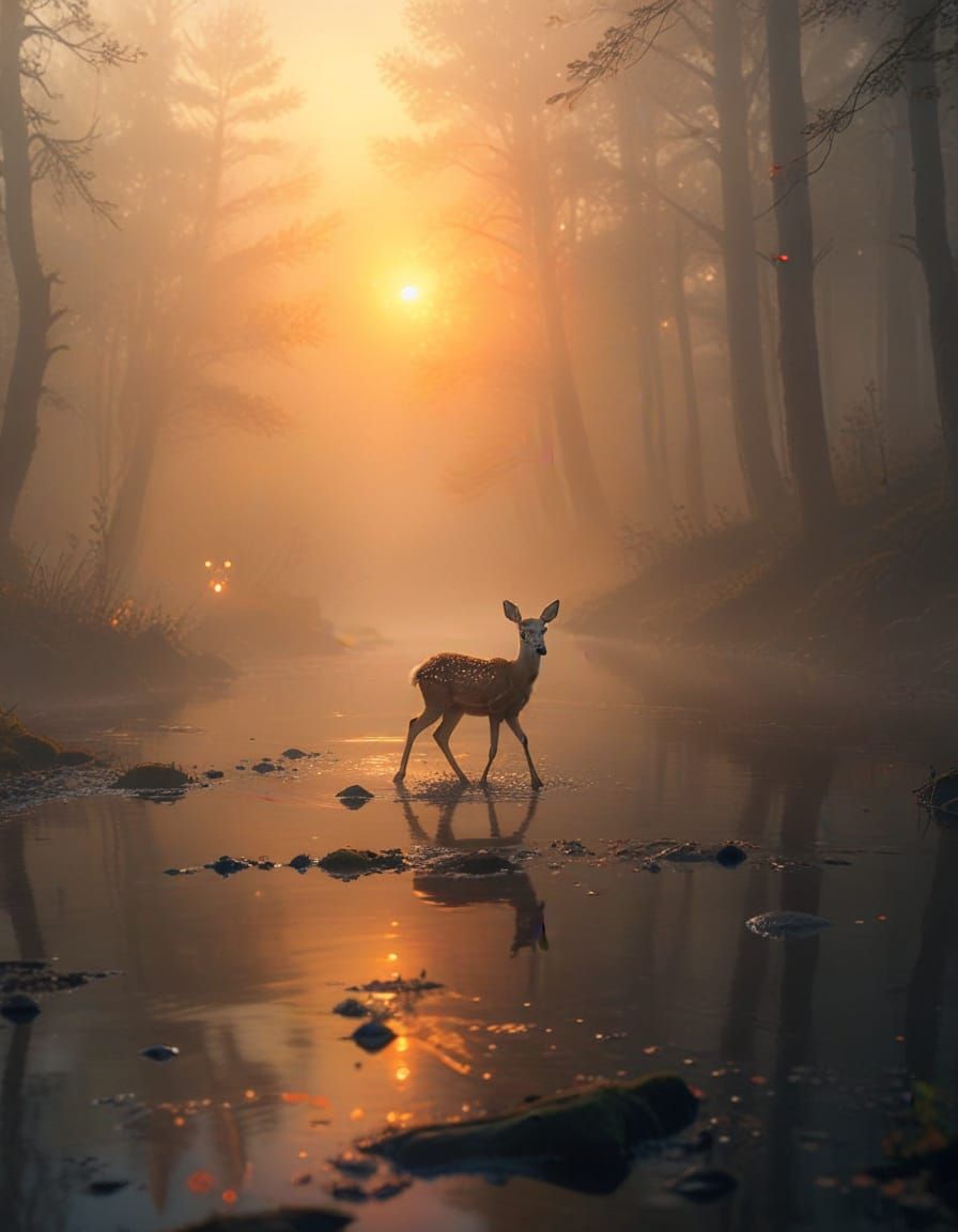 Magical Forest Deer at Sunset in Ethereal Glow