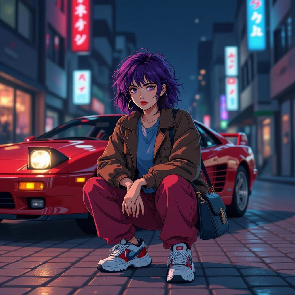 90s Anime Style Woman by Vintage Car in Neon City