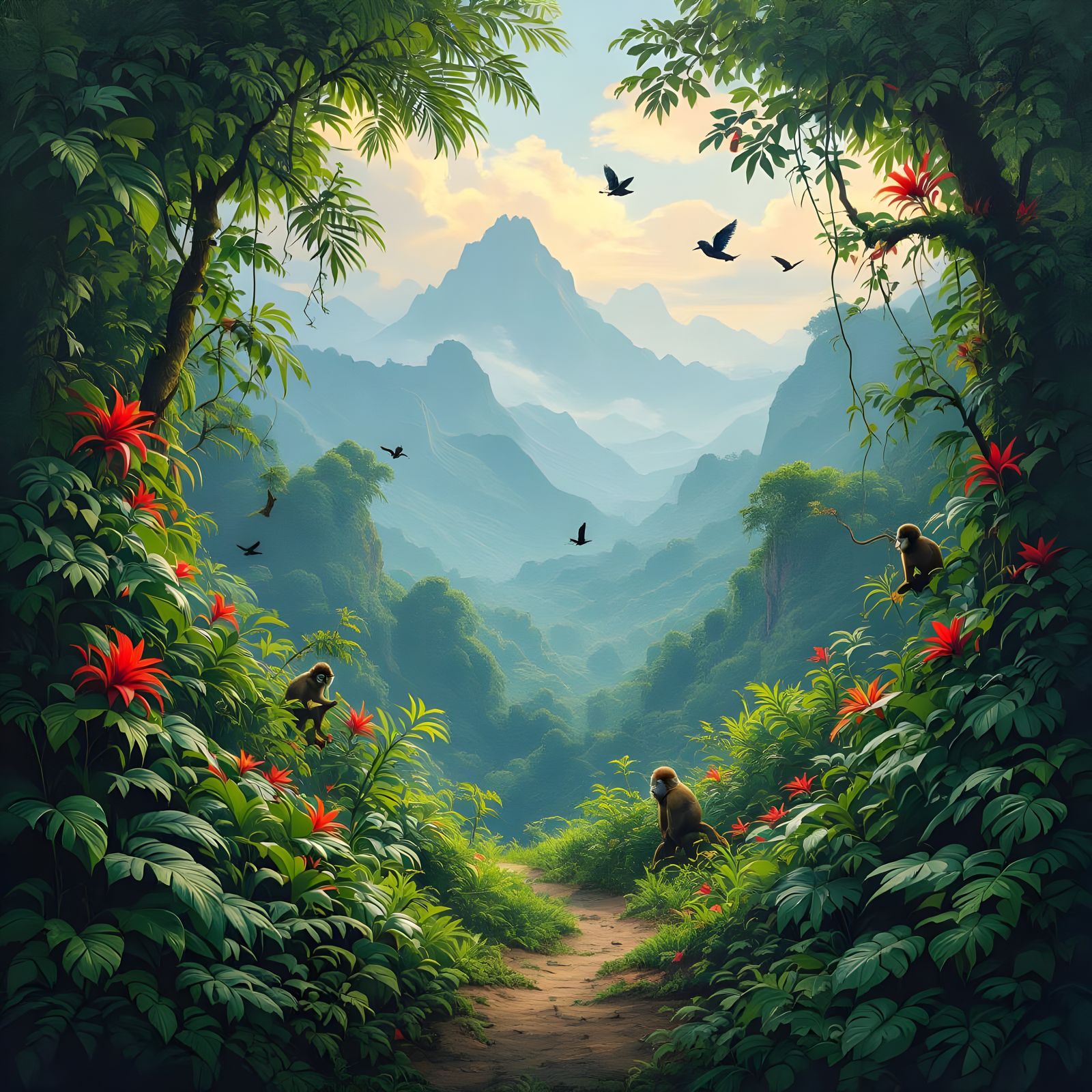 Lush Jungle Path with Wildlife and Distant Mountains