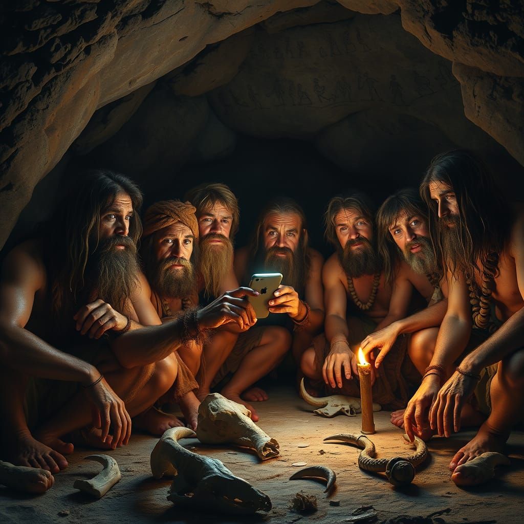 Cavemen Discovering a Smartphone in Their Cave