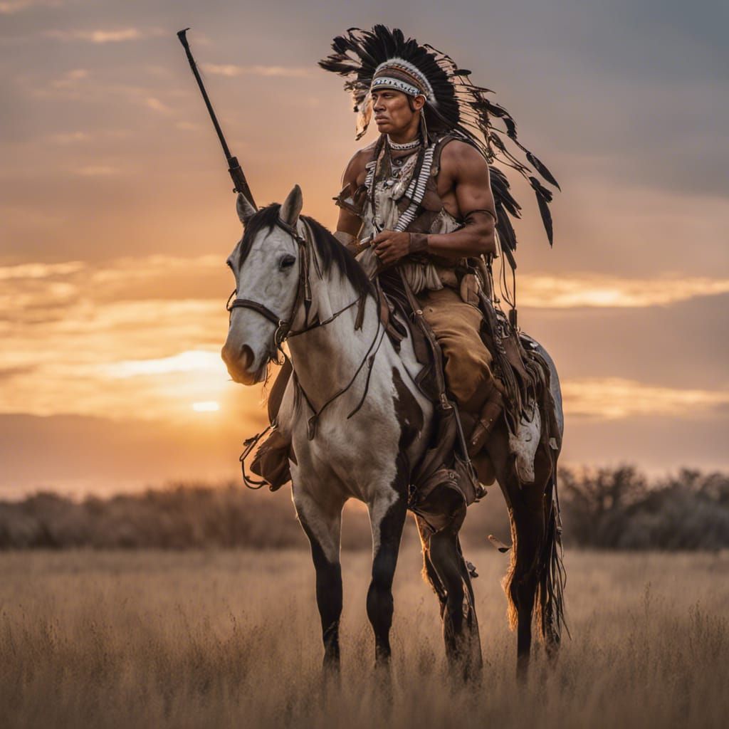 Native American Warrior on Horseback at Sunrise