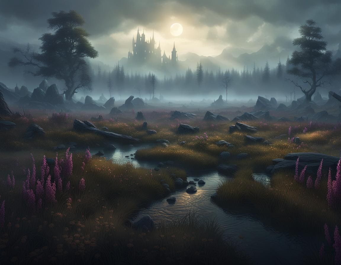 Ominous Foggy Meadow in Dark Fantasy Style