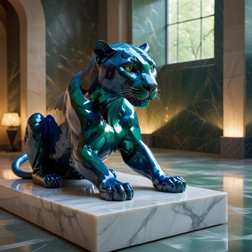 Iridescent Panther Sculpture in Exhibition Hall