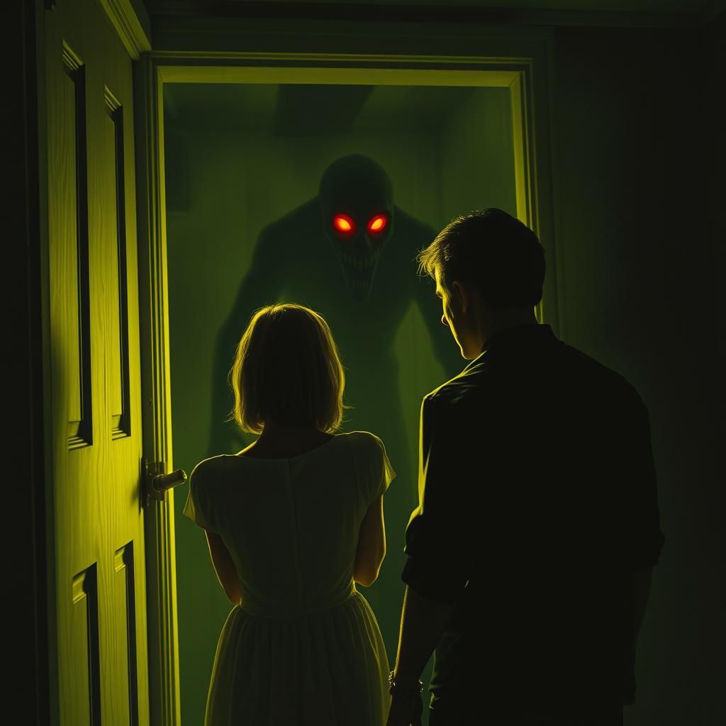 Terrifying Entity with Glowing Eyes in Dark Room