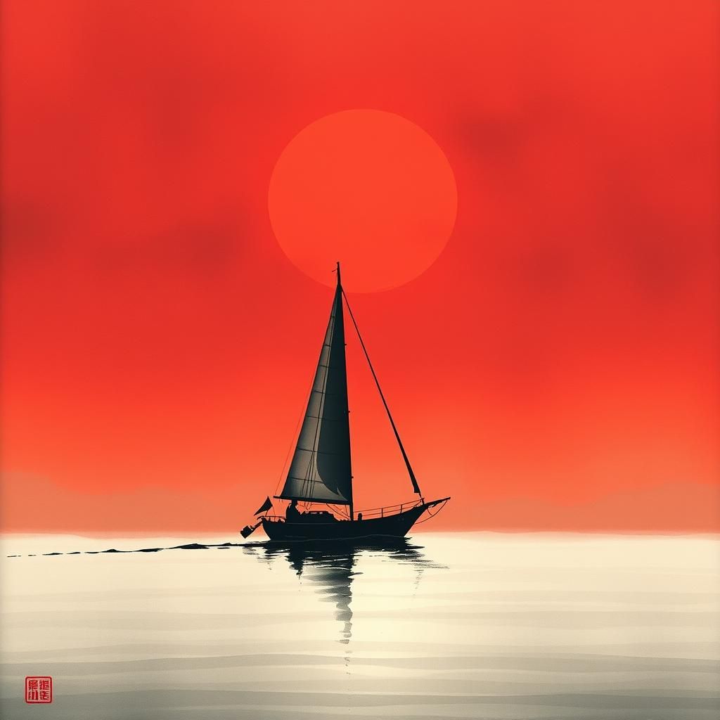 Sailing Boat Silhouetted in Dreamy Red Sunset