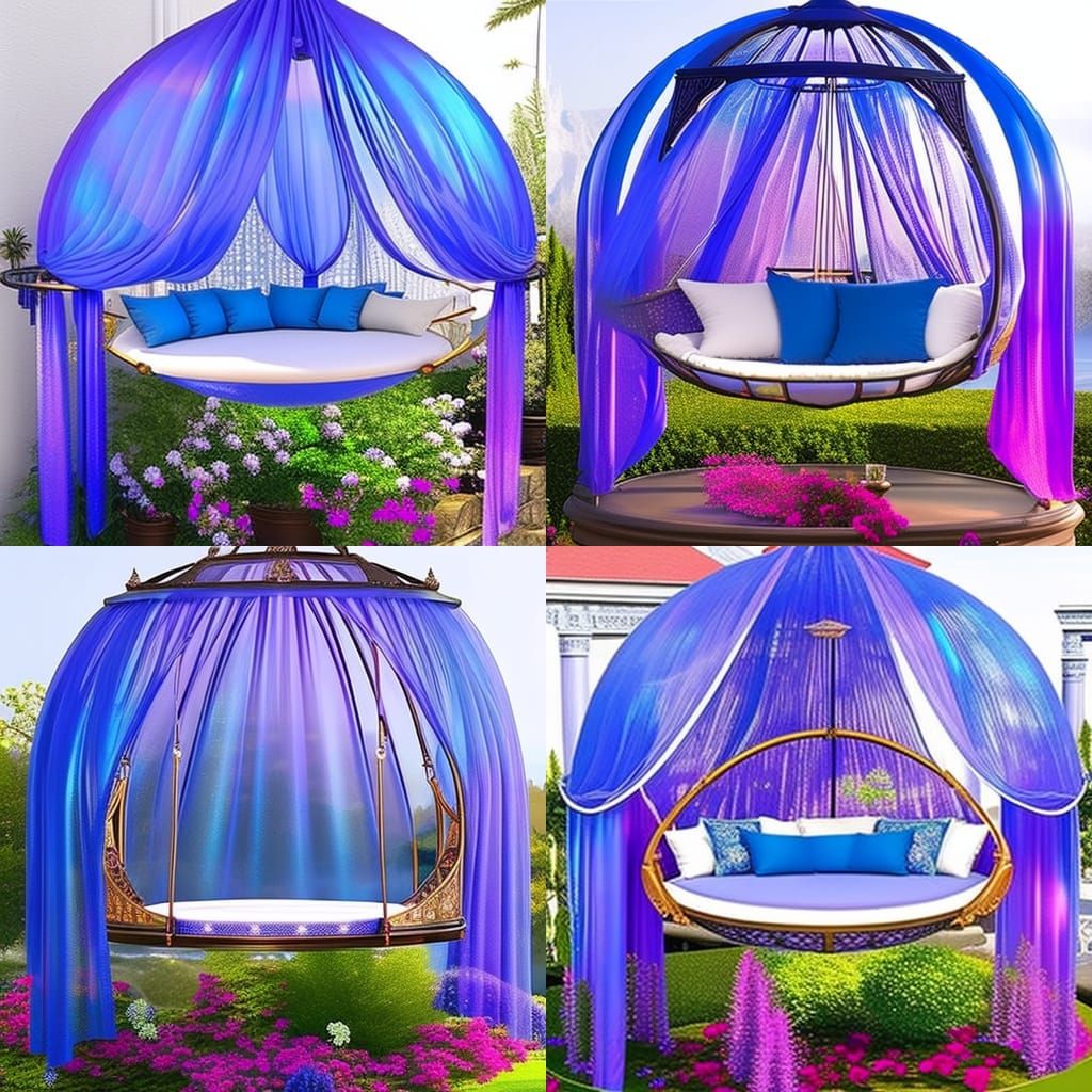 Cobalt blue holographic Round Swing Bed with Pergola Roof and Planters& gothic vibes& ethereal vibes& magical vibes& dar...