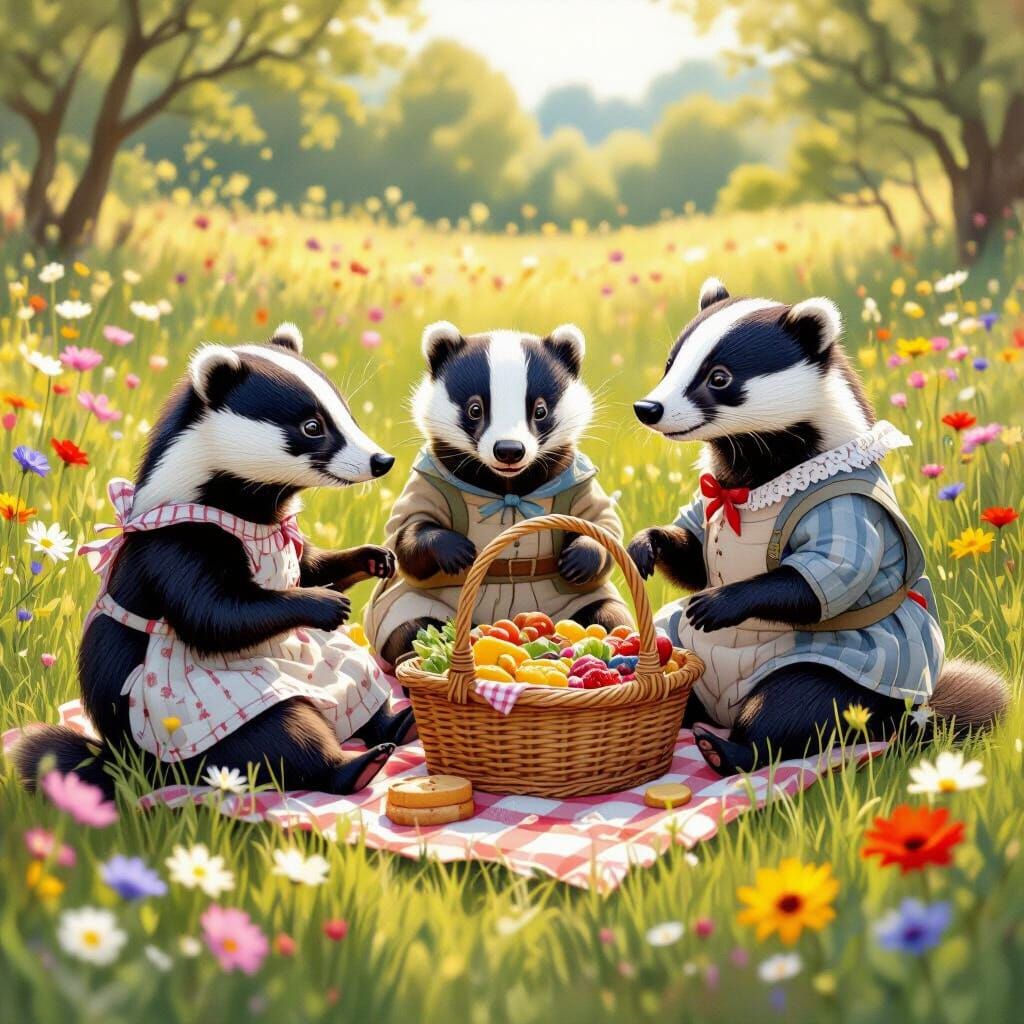 Badger Family Picnic in Wildflower Meadow