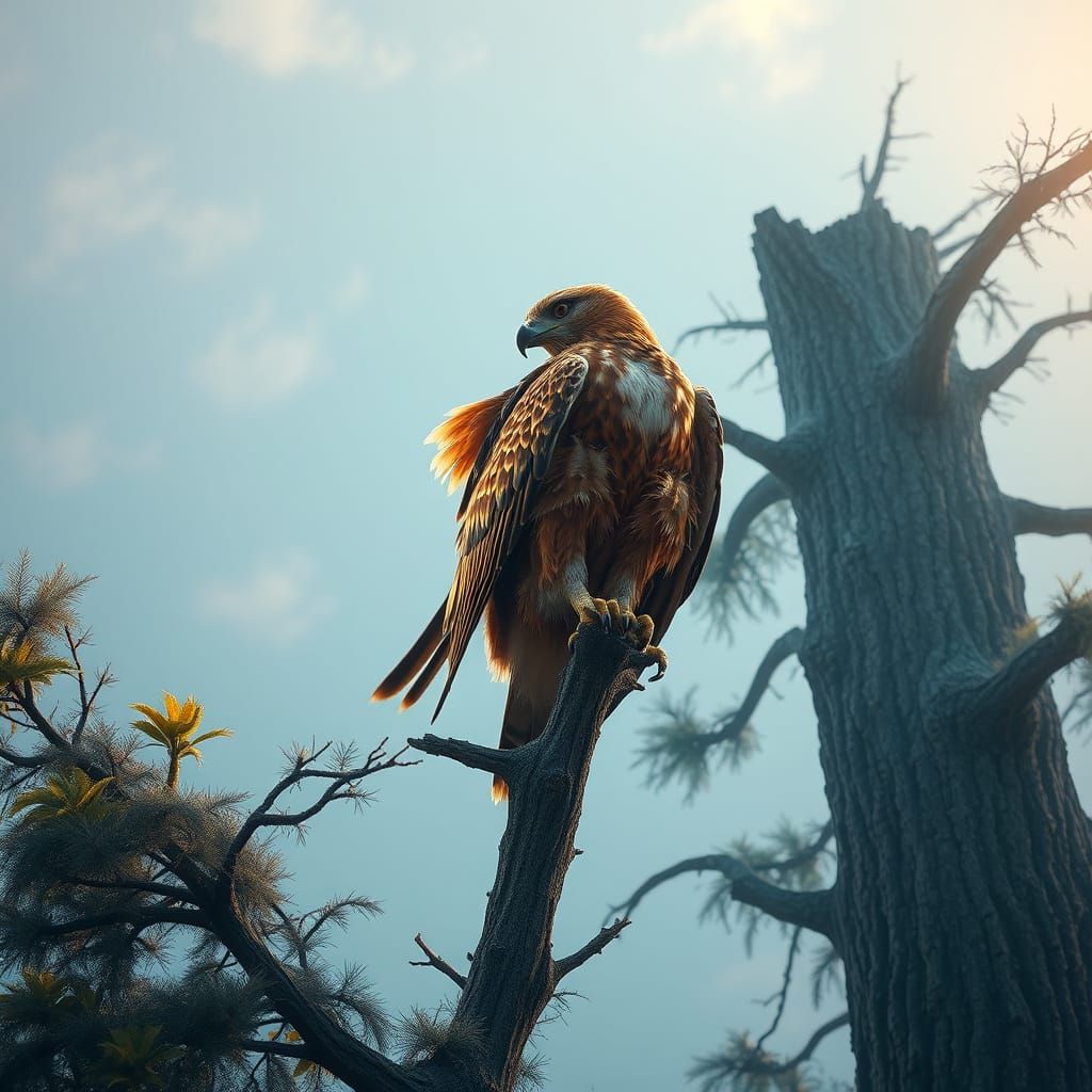 Hawk in Majestic Tree Perch, Triadic Colors, and Intricate F...