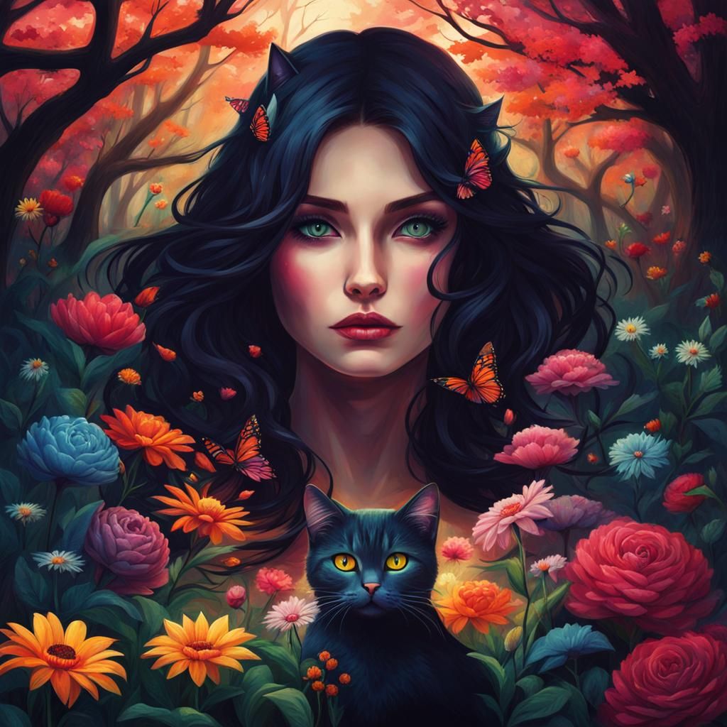 Surreal Fantasy Woman in a Colorful Dark Forest