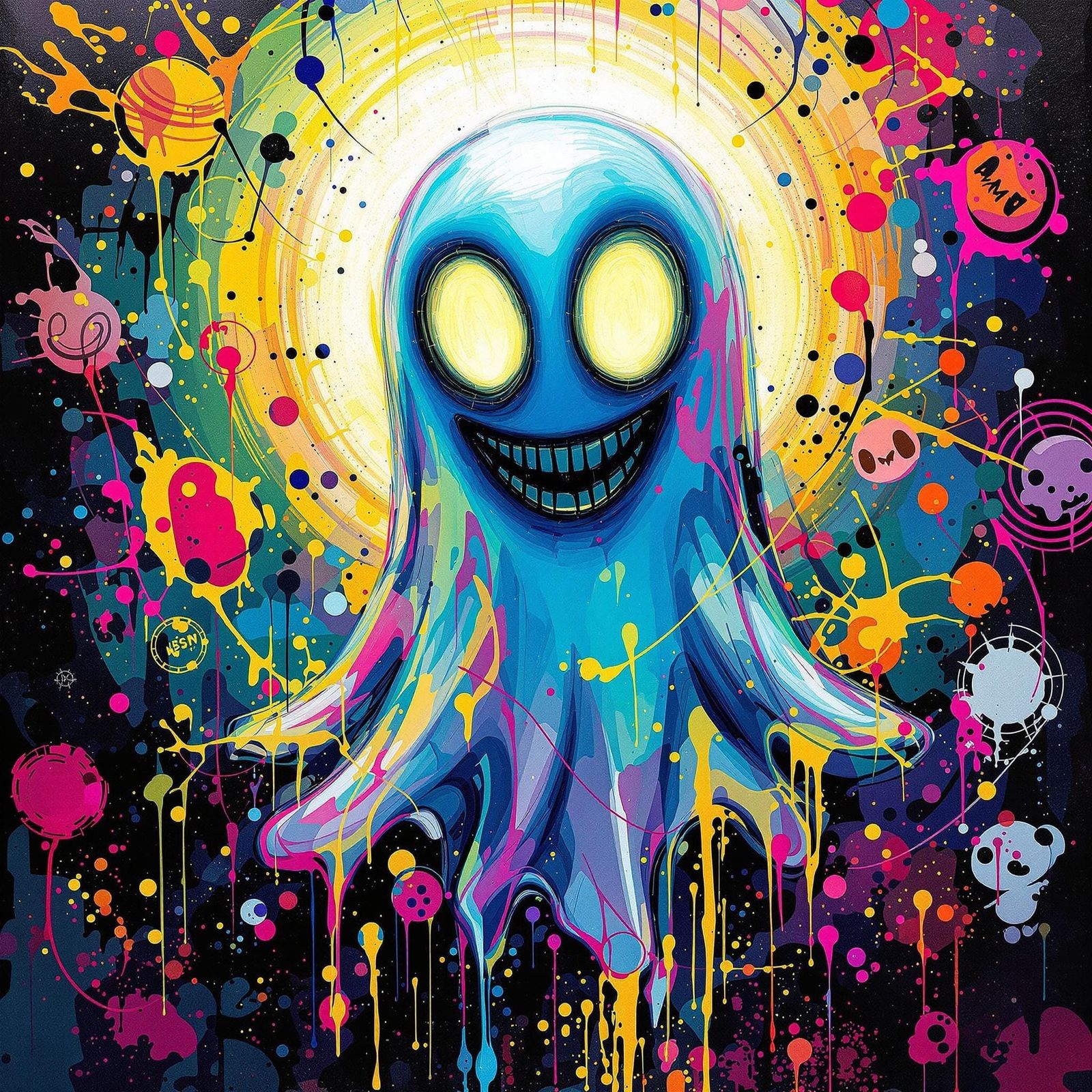 Whimsical Street Art Ghost in Vibrant Graffiti Style
