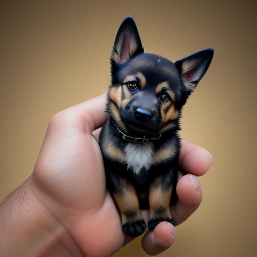 Microscopic German Shepherd on Human Thumb