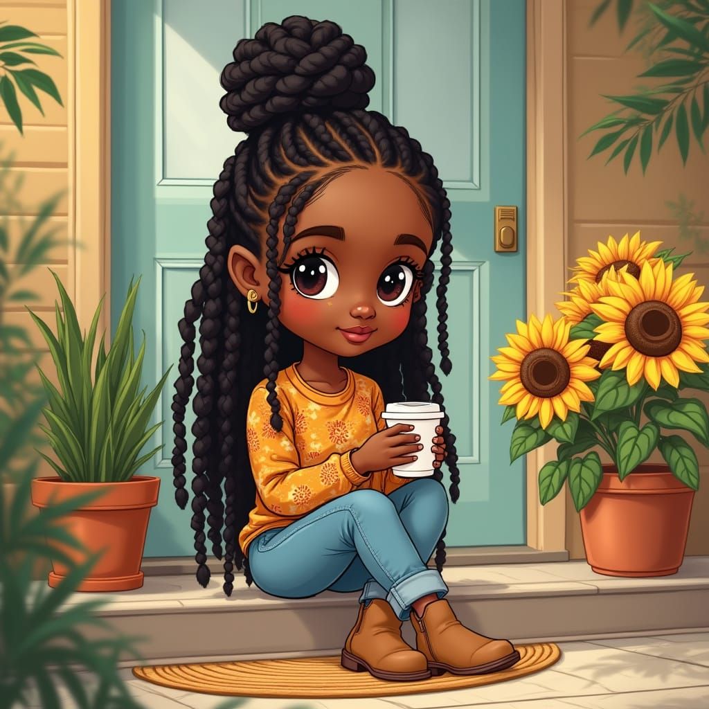 Whimsical Chibi Portrait of a Young African American Girl in...