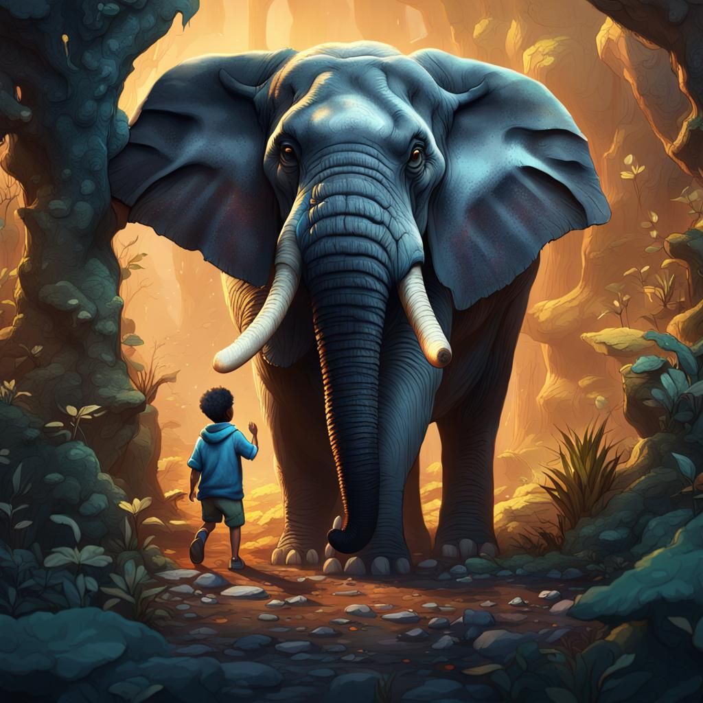 Clumsy Elephant's Hide-and-Seek Game in Fantasy Art