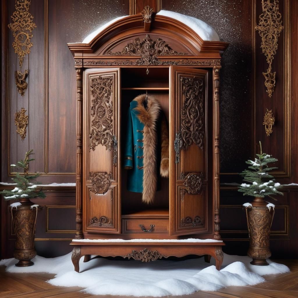 Ornate Armoire with Fur Coat and Snow Inside