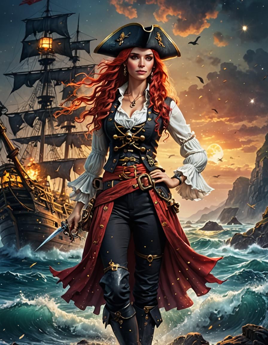 Red Haired Pirate Captain in Fantasy Ocean Scene