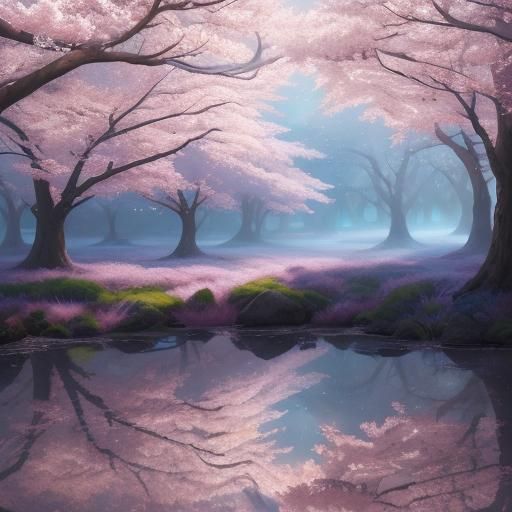 Pink Schoolgirl in Cherry Blossom Forest