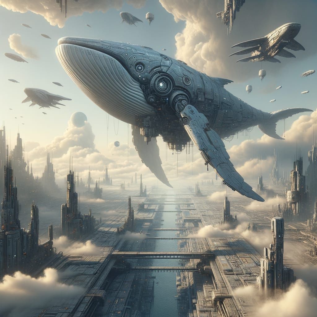 Mechanical Whale Soaring Over Sky-Port City