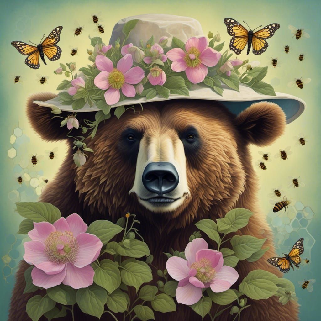 Grizzly Bear in Couture Fashion with Flowers