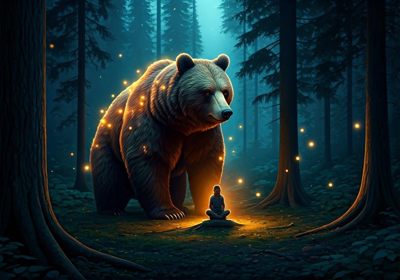 Majestic Bear in Mystical Twilight Forest Scene