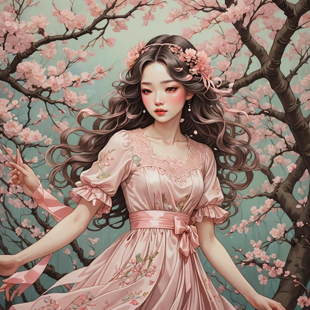 Girl in Cherry Blossoms, Gouache Style